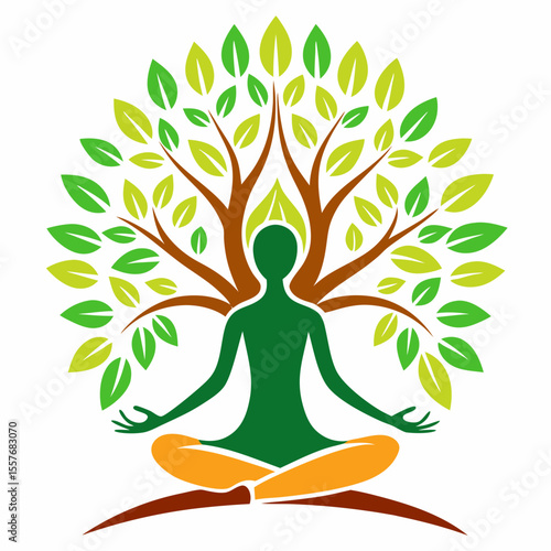 international yoga day concept : girl meditating with tree and with different color lines