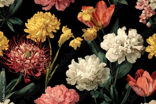 Vibrant Floral Pattern with Tulips and Peonies on Dark Background