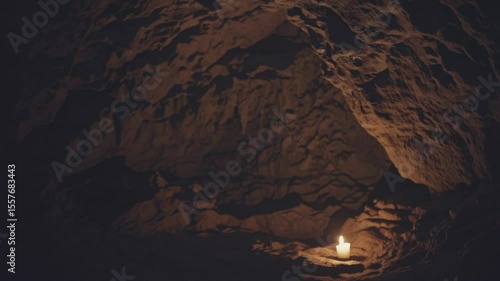 Flickering candlelight illuminating cave chamber wall at night  
