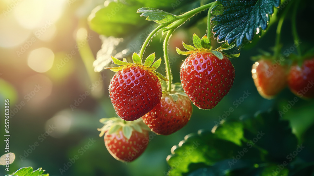 Ripe Red Strawberries on the Vine in Sunlight Ripe Red Strawberries on the Vine in Sunlight