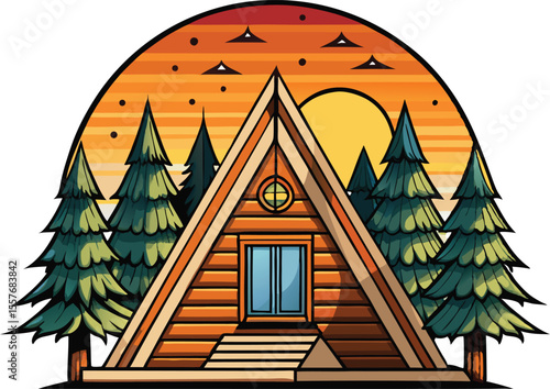 Vector art of a cozy wooden aframe cabin sits nestled among tall pine trees at sunset