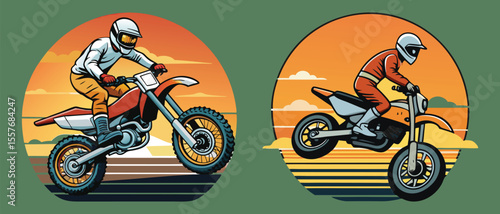 Vector art of a motocross rider performs a daring jump against a vibrant sunset backdrop