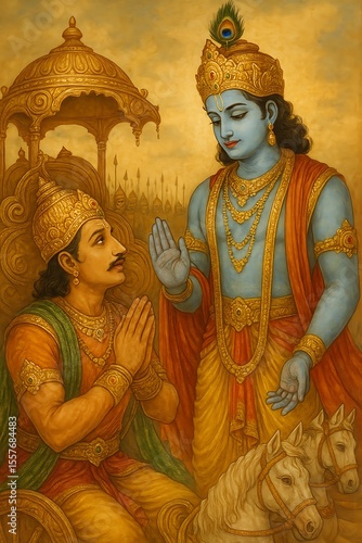 Lord Krishna is giving Gita lessons to Arjuna. 