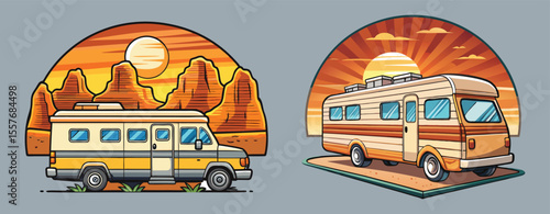 Vector art of retro camper vans parked against a stunning desert sunset, a vector illustration