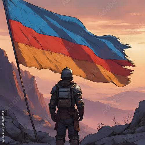 Illustration of armenian flag with soldier on mountain top art print and poster design