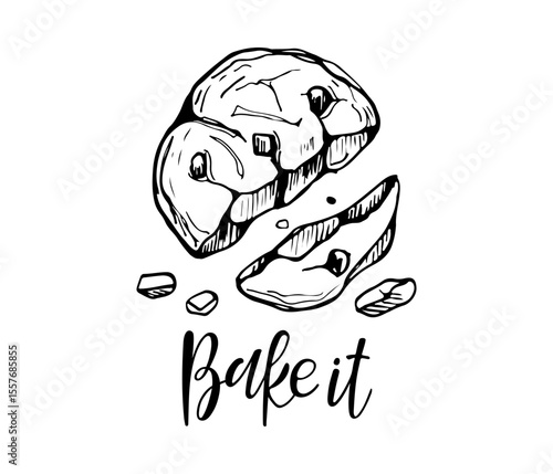 Cookies poster. Bake it lettering with Hand drawn Cookies sketch. Black-white illustration. Typography poster for wall kitchen art, shirt design. Hand written brush calligraphy quote. Sweet dessert