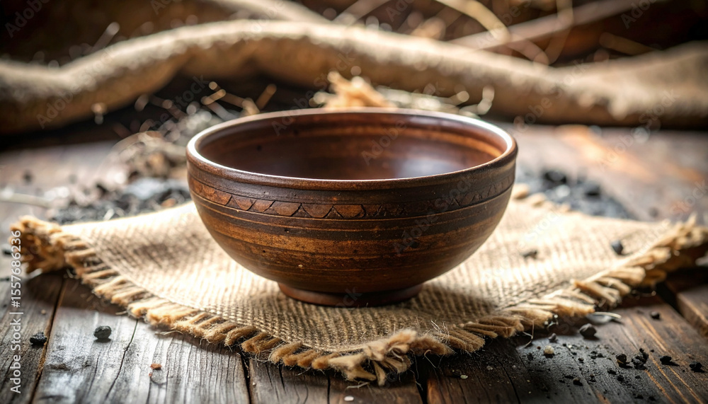 Cracked Clay Bowl On Burlap With Ash Cracked Clay Bowl On Burlap With Ash