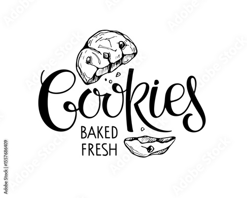  Cookies baked fresh lettering. Black-white sketch illustration. Text with hand drawn element. Typography poster for wall kitchen art, shirt design. Hand written brush calligraphy quote. Sweet dessert