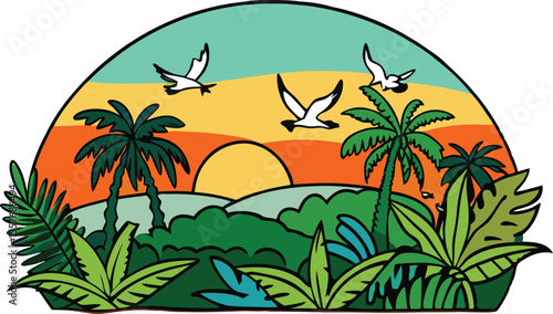 Vector art of a vibrant tropical sunset scene with palm trees and birds flying, isolated on white background