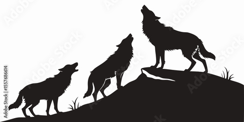 Silhouette of Three Howling Wolves on a Rocky Hillside
