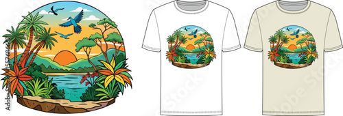 Vector art of a scenic tropical sunset scene with palm trees, birds, and a river, perfect for tshirt design