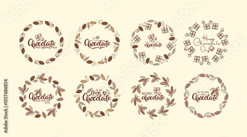 Chocolate logo set. Round Cocoa beans frames with Handwritten Unique funny lettering quotes. Doodle Outline vector illustration. Sweets, cooking ingredient. Chocolate cocoa beans Round frames.