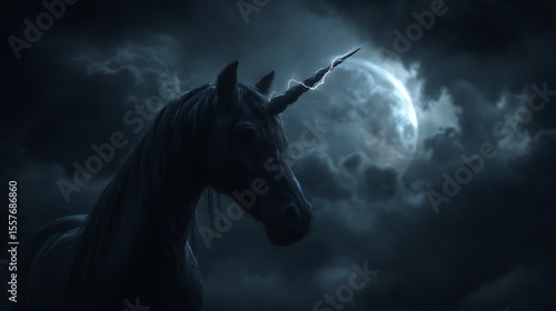 Mystical black unicorn with lightning horn under full moon and stormy clouds in dark night.