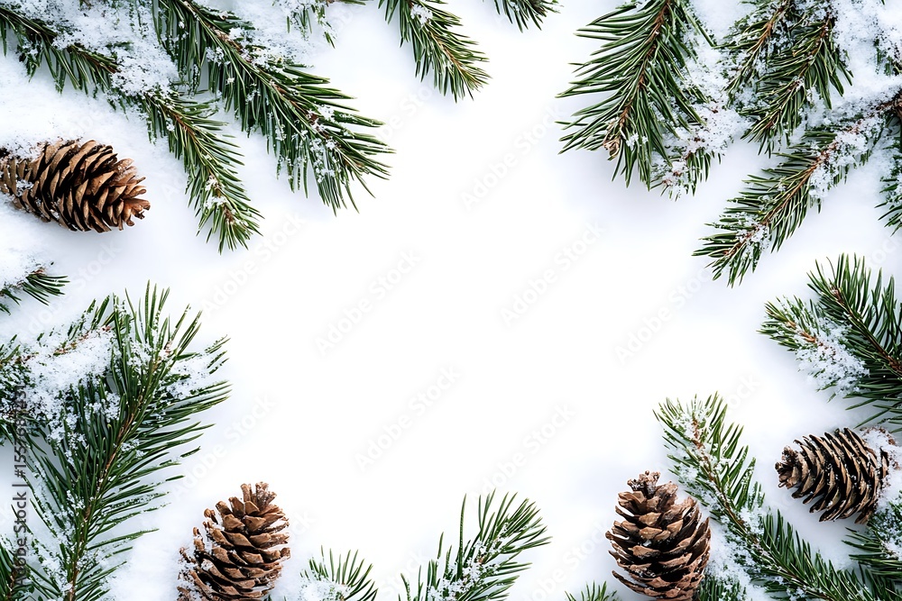 Naklejka premium Snow-dusted pine branches and pine cones border; winter holiday frame.