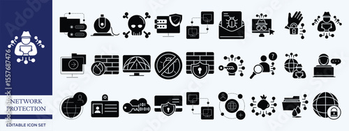 Network Protection Flat Icon Set – Cybersecurity, Firewall, VPN, Shield, Data Safety Symbols