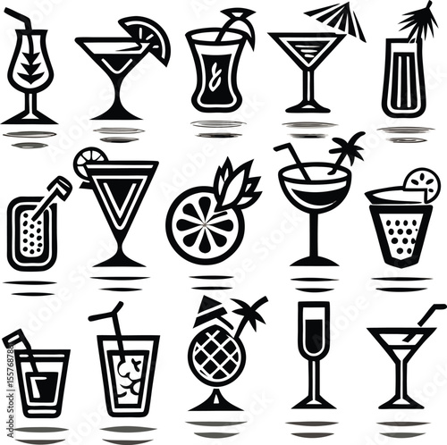 Black and White Summer Cocktail Icons Set Graphic Menu Drinks Vector Illustration