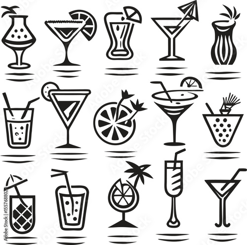 Black and White Tropical Cocktail Icons Set Graphic Menu Design Elements Drinks Silhouette