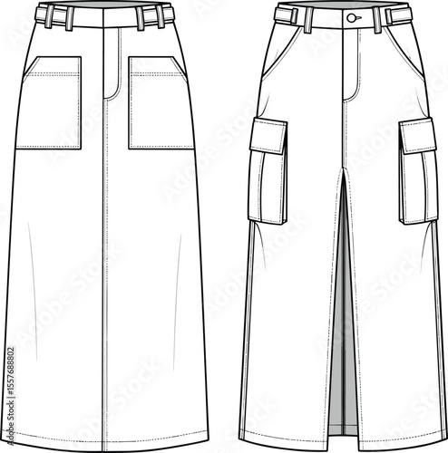 Women’s cargo denim skirt flat sketch, front and back technical drawing with slit and pockets, fashion CAD vector illustration