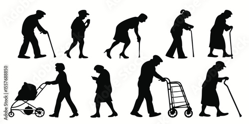 Silhouettes of Elderly People Walking with Aids and Strollers
