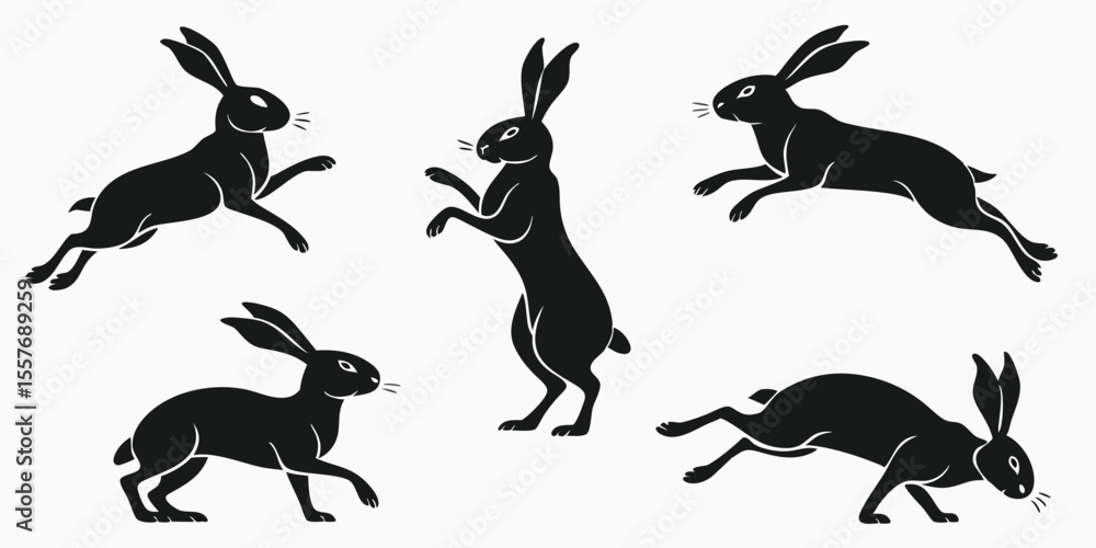 Obraz premium Black Silhouette Rabbits in Motion, Minimalist Art, Jumping Hares
