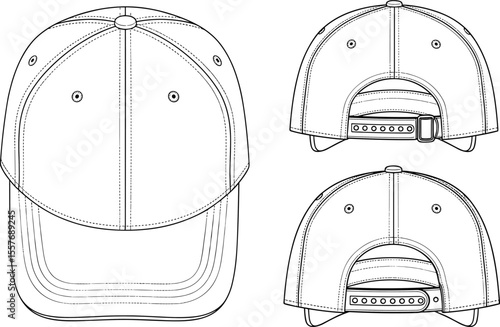 Blueprint Design of a Classic Baseball Cap with Adjustable Strap, Side and Back Views