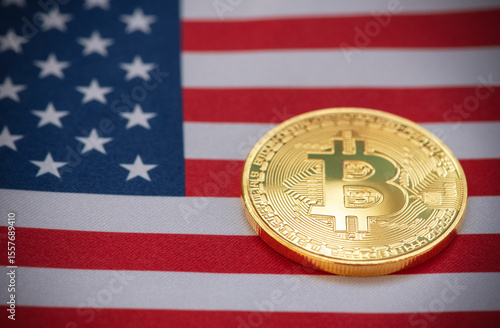 Bitcoin golden coin with american flag images.