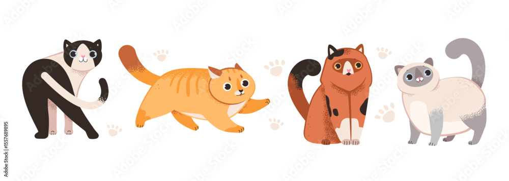 Obraz premium Cute playful cats set. Various felines isolated on white background. Flat vector illustration.