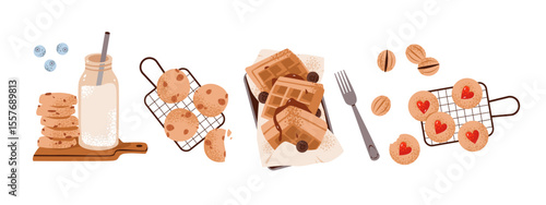 Homemade breakfast with cookies with milk and waffles. Healthy baking. Tasty bakery with syrup and jam. Flat vector illustration set.