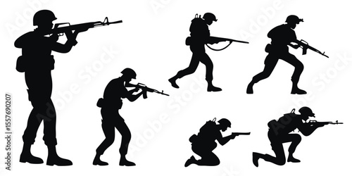 Silhouette Soldiers in Action: Military Figures with Weapons