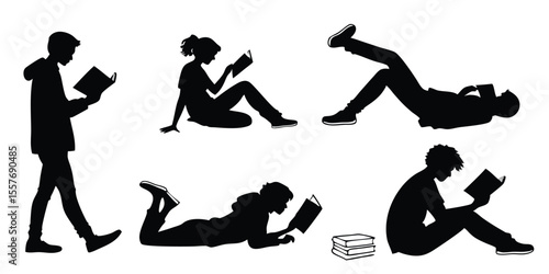 Silhouettes of People Reading Books in Various Relaxed Poses