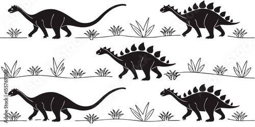 Black Dinosaur Silhouettes Walking in a Field with Plants, Vector Art