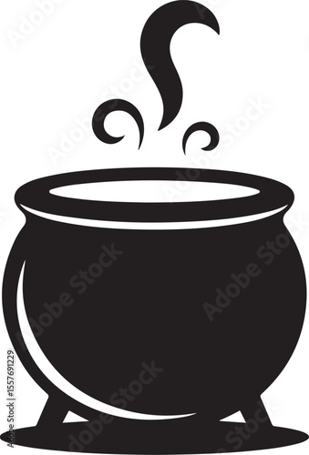 Black Halloween witch cauldron silhouette vector, witch black cauldron with boiling magic potion isolated on white background
