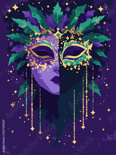 Art Deco style Mardi Gras poster with geometric masks and cascading bead patterns, in rich purple, emerald green, metallic gold, and black