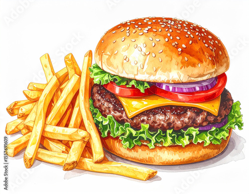 Colorful watercolor, hamburger and French fries, illustration. AI