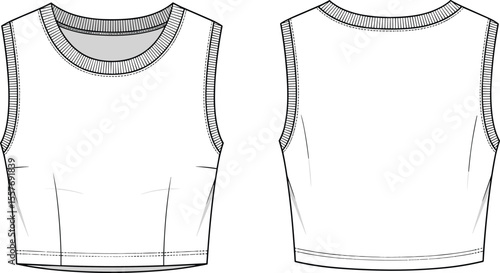 Women’s fitted sleeveless tank top technical flat sketch, front and back view, ribbed neck and armhole, fashion vector drawing