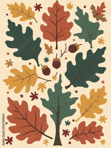 Geometric autumn poster with a tessellated pattern of oak leaves and acorns, in burnt sienna, mustard yellow, forest green, and beige