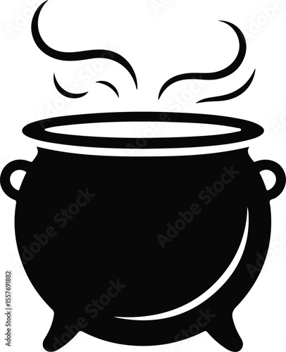 Black Halloween witch cauldron silhouette vector, witch black cauldron with boiling magic potion isolated on white background