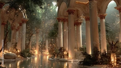 Enchanting Ancient Roman Temple with Sparkles, Pool, Columns and Lush Greenery Creates Magical Ambience