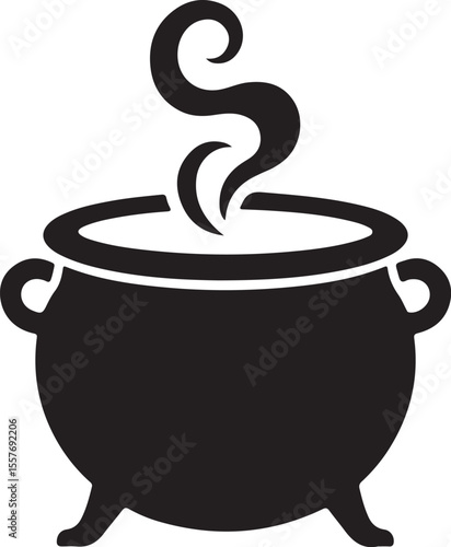 Black Halloween witch cauldron silhouette vector, witch black cauldron with boiling magic potion isolated on white background