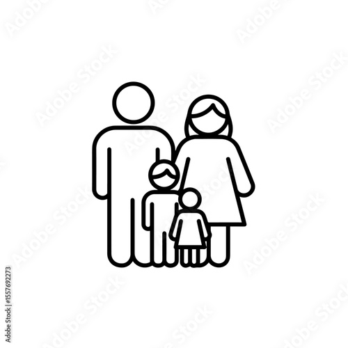 Family icon depicting parents and two children standing together.  Simple line art family illustration ideal for websites and family-themed projects.