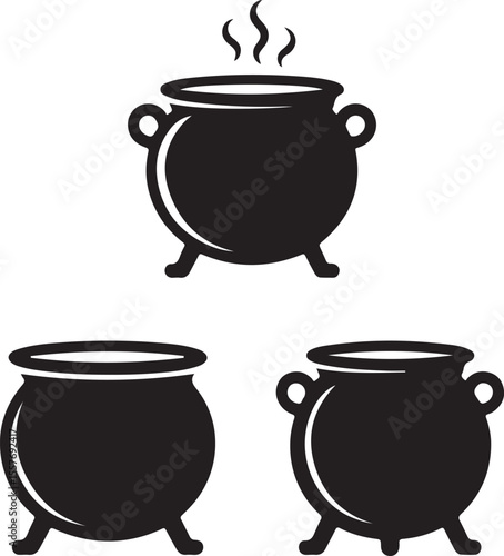 Set of black silhouettes of Halloween witch cauldrons, witches black cauldron with boiling magic potion isolated on white background