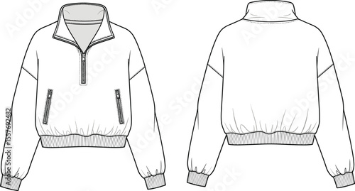 Half zip pullover sweatshirt flat sketch, front and back view, fashion cad drawing, vector technical illustration, garment design template