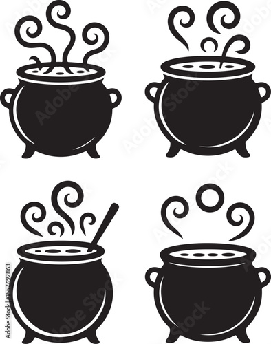 Set of black silhouettes of Halloween witch cauldrons, witches black cauldron with boiling magic potion isolated on white background