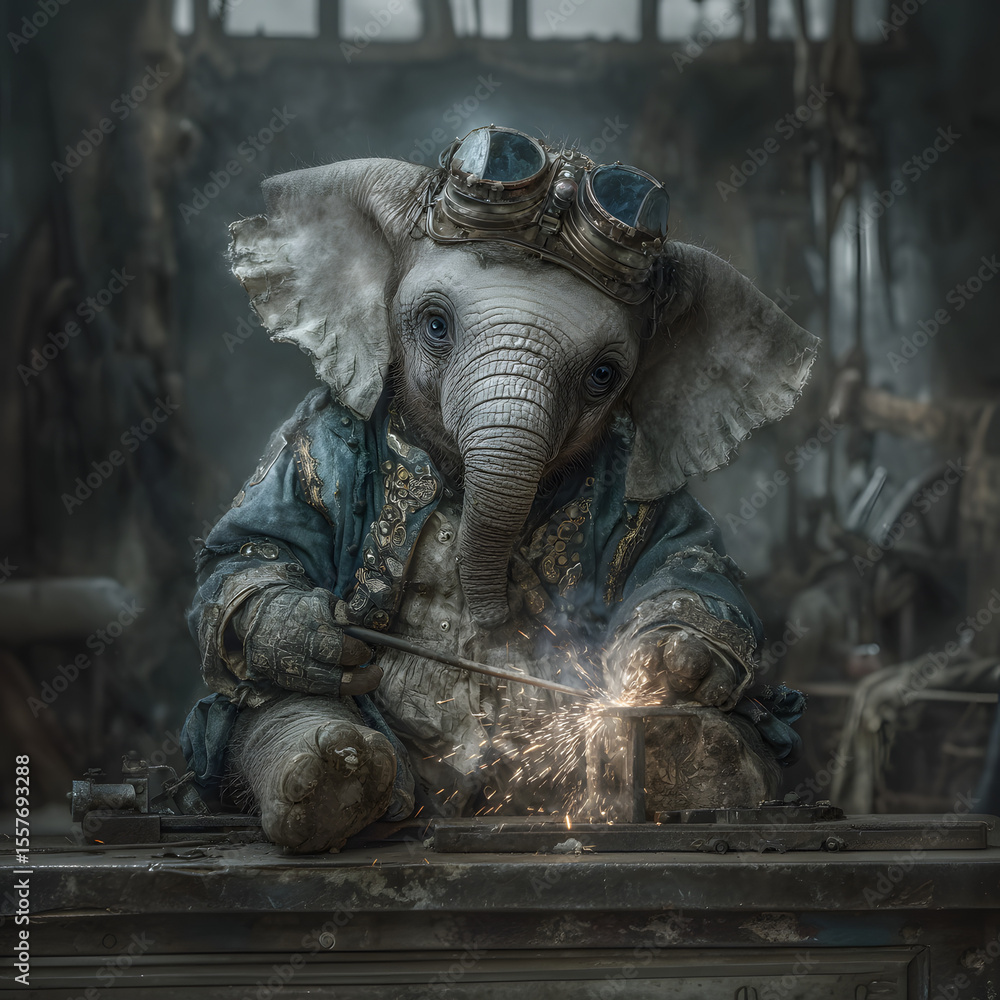 Fototapeta premium A young elephant, wearing goggles and a jacket, skillfully welds metal, sparks flying.