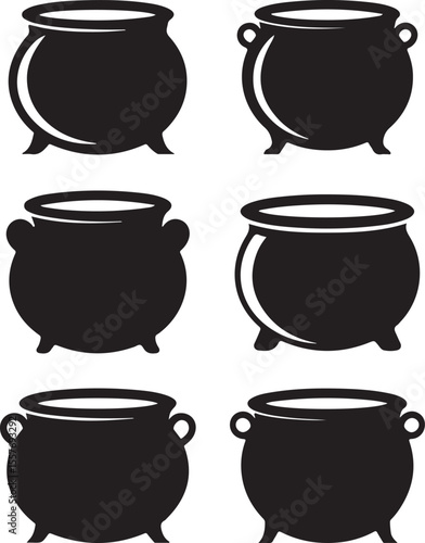 Set of black silhouettes of Halloween witch cauldrons, witches black cauldron with boiling magic potion isolated on white background