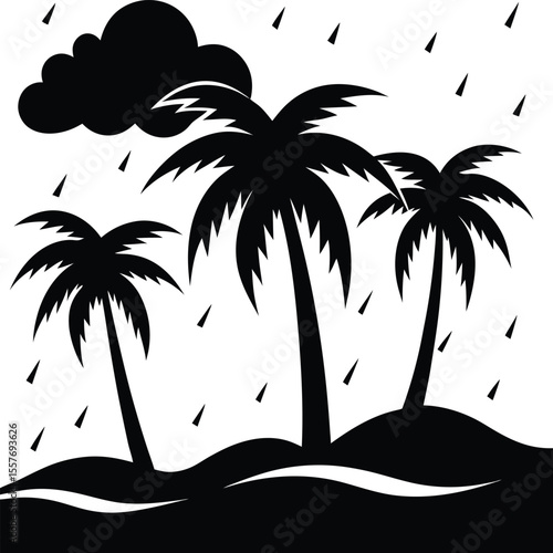 Vector art of silhouette of palm trees in the rain during a tropical storm