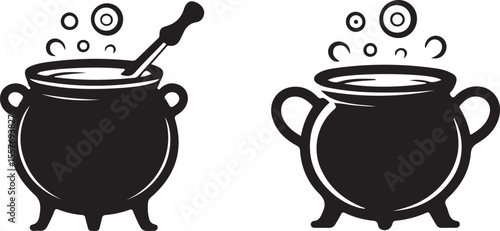 Set of black silhouettes of Halloween witch cauldrons, witches black cauldron with boiling magic potion isolated on white background