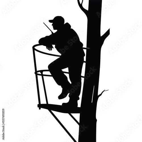 Hunter Silhouette in Elevated Tree Stand Hunting Season Graphics