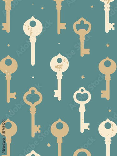 Clean vector poster for a housewarming party, featuring a pattern of minimalist house keys, in bronze, silver, teal, and off-white