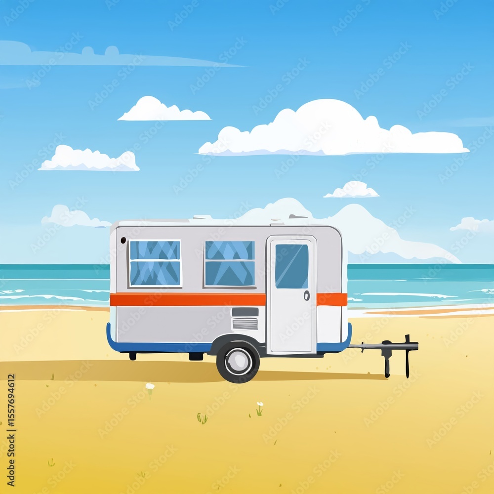 Fototapeta premium Caravan parked on sandy beach by the sea enjoying summer vacation
